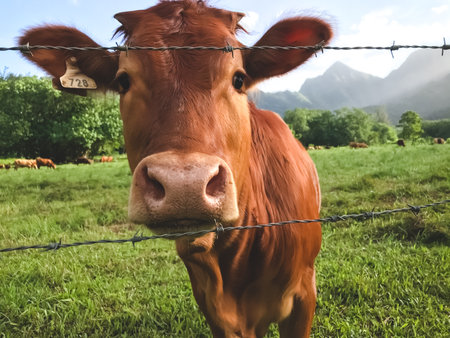 Brown cows looking at the camera closeup. Green pasture in the middle of a countryside landscape, idyllic and peaceful. Grass field during the summer time. Eco farm animals, ecology milk productionの写真素材