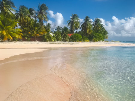 Ideal pink sand beach on tropical island in French Polynesia. Palm trees on ocean coastline, crystal water in sunny day. Beautiful nature landscape. Amazing natural background. Travel, tourism holidayの写真素材
