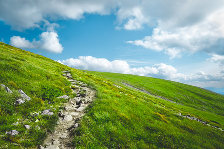 Amazing natural background. Hiking trail on green meadow. Summer alpine landscape with green grass hill and blue clouds sky on a sunny day. Trekking path in mountains. Travel, victory achievementの写真素材