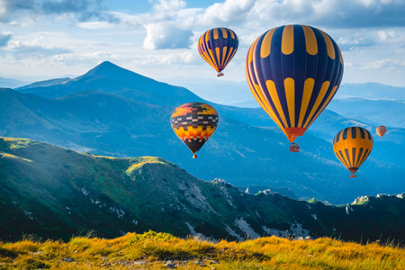 Colorful hot-air balloons fly over spectacular mountain valley. Natural summer scenery, alpine aerial morning scene watching. Beautiful nature landscape background. Travel, freedom, active lifestyle.の写真素材