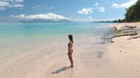 Girl in bikini standing on sand beach enjoy beautiful exotic nature landscape. Woman with snorkel mask enjoy active life. Outdoor lifestyle travel on summer holiday vacation. Tahiti, French Polynesiaの写真素材