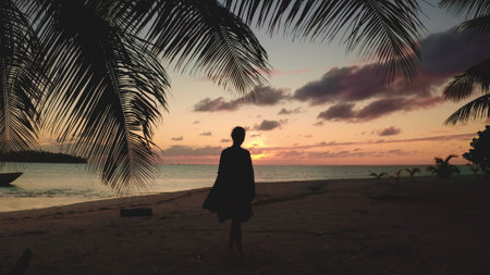 Girl silhouette walking under palm tree leaf. Woman in dress enjoy sunset bright sky tropical island beach landscape. Outdoor lifestyle travel on summer holiday vacation. Romantic sceneの写真素材