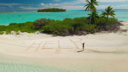 Aerial view lonely tropical inhabited island surrounded turquoise coral reef. Woman need rescue....