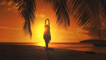 Woman silhouette against orange sunset sky. Young slim woman walking tropical island beach under the coconut palm tree branch. Relaxing, travel, tourism, exotic holiday vacation.の写真素材