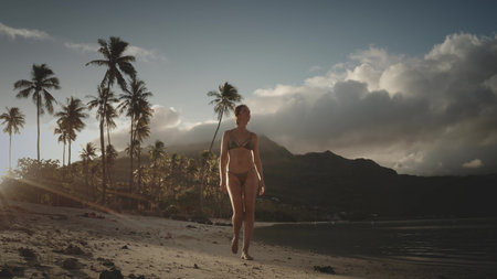 People relax tropical paradise beach on summer holiday vacation. Beautiful woman walks along sandy...