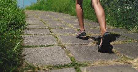 Woman legs close up running up countryside road with green field. People practicing morning jog workout on sport path in morning, . Girl exercising with outdoor running. Sport concept.の写真素材