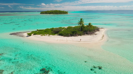 Aerial view small tropical wild island surrounded turquoise coral reef. Woman need rescue. Word HELP written on sand beach. Young female in bikini waving hands ask to save her. Drone flightの写真素材