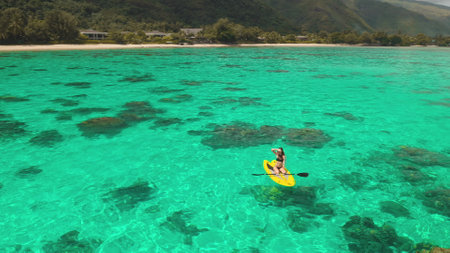 Woman joyfully paddles on a yellow board in a turquoise lagoon, with palm trees swaying on the shore and mountains in the distanceの写真素材