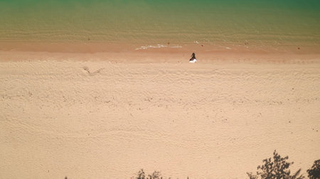Aerial top down sand beach texture water waves. Woman walking coastline, clear, ideal shore, relax, enjoy outdoor lifestyle travel on summer holiday vacation. Drone view shot. Backgroundの写真素材
