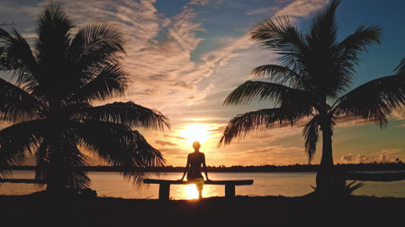 Watching the sunset by the sea, a woman sits on a bench between palm trees, surrounded by natures beauty in a tranquil tropical paradiseの写真素材