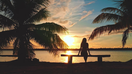 Woman sits peacefully on a bench under palm trees at sunset by the ocean, enjoying the view. The sky is painted in orange and pink hues, creating a serene atmosphere in a tropical paradiseの写真素材