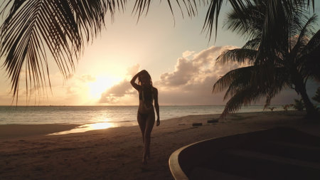 Tourist is enjoying a beautiful sunset on a tropical beach in the maldives. The perfect destination for a relaxing and unforgettable vacationの写真素材