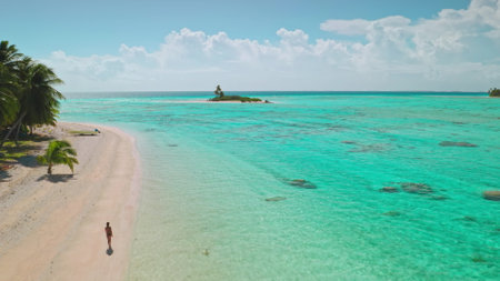 Woman strolling on a beautiful beach with turquoise water and palm trees, a perfect tropical paradise for a relaxing vacationの写真素材