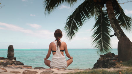Woman relax and meditate sitting under palm tree looking on ocean waves. Yoga girl sitting lotus position making yoga asana outdoors. Self care healthy lifestyle. Tropical island landscape. Back viewの写真素材