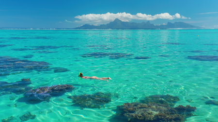 Woman is snorkeling in a shallow lagoon with turquoise water and a mountainous island in the background. The water is so clear that the coral reef is visibleの写真素材