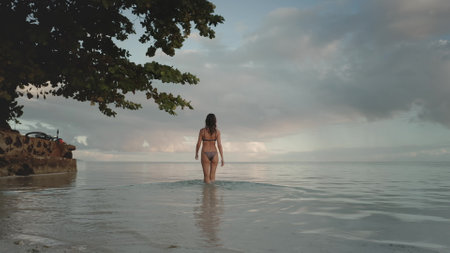 Young woman in a bikini is enjoying a relaxing evening on a tropical beach, walking into the calm...