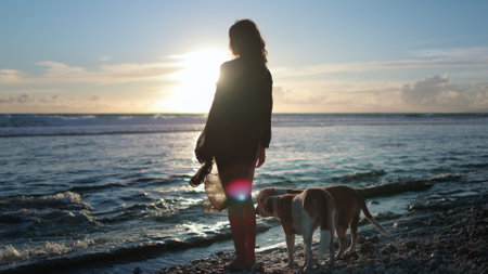 Woman and her dogs enjoy the sunset on a serene beach, creating a picturesque scene of love and companionship in natureの写真素材