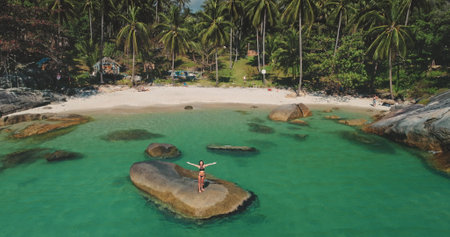 Young woman with raised hands stands on a large rock in clear turquoise water, surrounded by palm trees and a sandy beach tropical island. Aerial drone shot. Holiday vacation travel relax conceptの写真素材