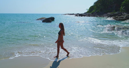 A woman in a bikini strolls on the shoreline, her feet touching the cool water. The bright sun reflects off the ocean, creating a tranquil atmosphere on a tropical beach.の写真素材