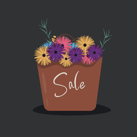 Spring flowers in a basket. Discount flowers, special offerのイラスト素材