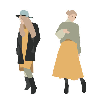 Set of fashion woman in trendy clothes vector cartoon illustration. Collection of classy colorful street style outerwear female isolated. Fashionable girl demonstrate winter, springのイラスト素材
