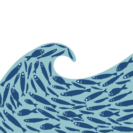Many fish swim in the sea. marine background. wave. Fish on the waveのイラスト素材