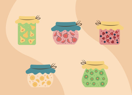 Jars with jam, vector illustration. Set of cartoon jam jars. autumn preparationsのイラスト素材