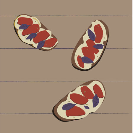 Bruschetta with tomatoes, mozzarella and basil. Summer sandwich of white bread with butter. Healthy breakfast. vector illustrationのイラスト素材