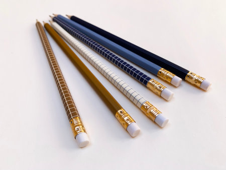 Pencils of different colors with an eraser on a white backgroundの写真素材