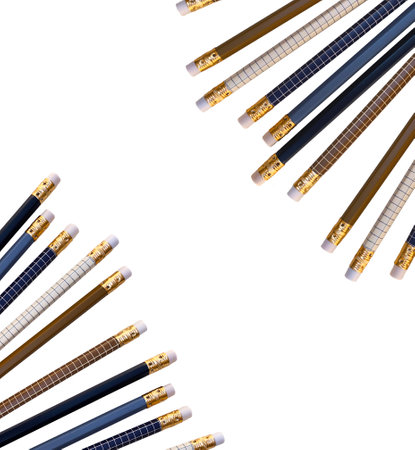 Pencils with an eraser isolated on a white background. 3d rendering illustration. Place to insert text or advertisementの写真素材