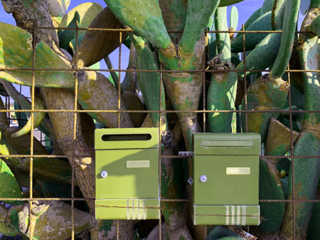 Green mailbox against the background of green cacti and lattice. Background and place to insert text, mail, receiving letters, unusual mailboxの写真素材