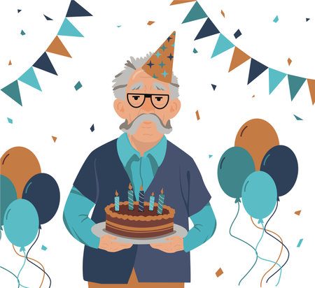 an elderly man in a festive cap holds a cake. Birthday, holiday, old personのイラスト素材