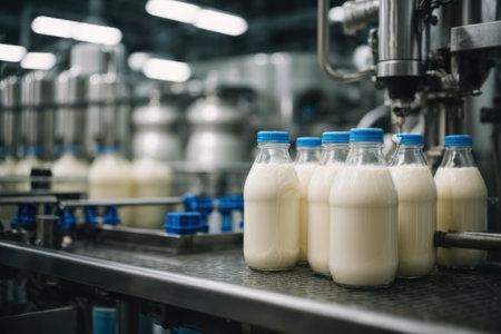 Milk bottles on a conveyor belt in a modern dairy factory. Filling milk or yoghurt in to plastic bottles at factory. Equipment at dairy plantの素材