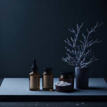 Cosmetic bottles with sea salt on a black background. Spa concept.の素材