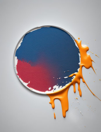 Colorful splashes of paint on a white background, round trace of paint on the floor, blue and orangeの素材