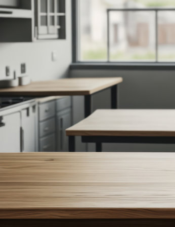 Table Top And Kitchen Room Of The Background. Ready for Your Designの素材