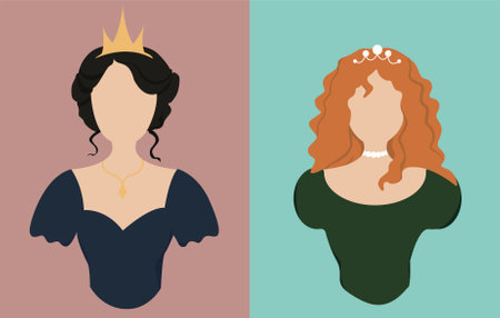 Princesses. Women with a crown. Silhouettes of girls in dresses. Vector illustration in flat styleのイラスト素材