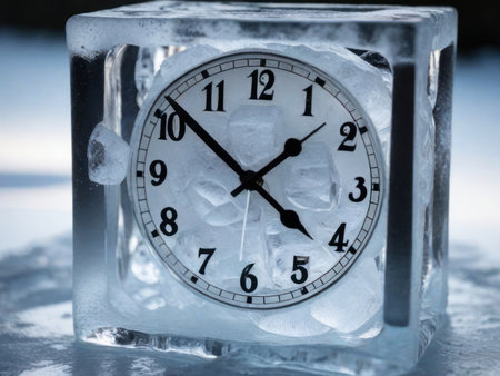 clock encased in a block of ice, time has stoppedの素材