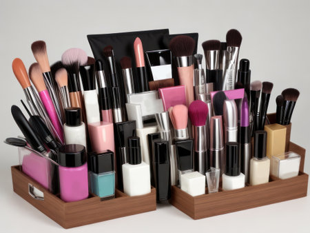 Set of decorative cosmetics in a wooden boxの素材