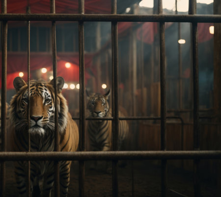 Tiger in a cage, circus, animal training, circus banの素材