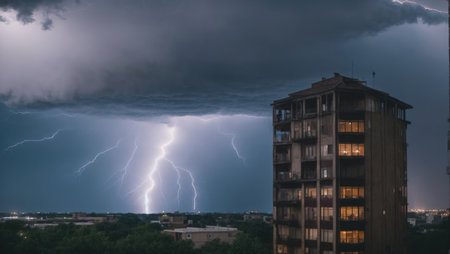 Lightning strikes the building in the city during a thunderstormの素材