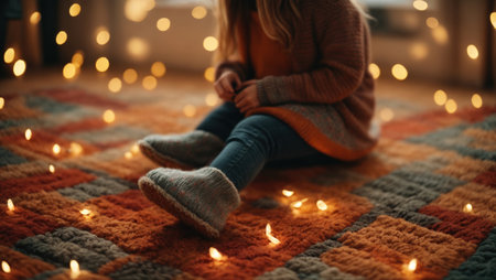 Little girl sitting on floor in room decorated for Christmasの素材