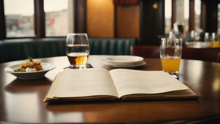 Open menu on a table in a restaurant, close-up. Food delivery serviceの素材