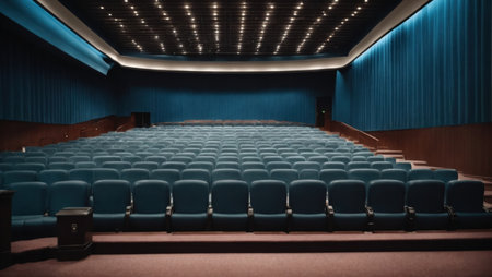 Empty cinema auditorium with blue seats and projector screen. Cinema conceptの素材
