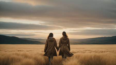 Two women walking in wheat field at sunset. Rear view of two women in warm clothes walking in field at sunsetの素材