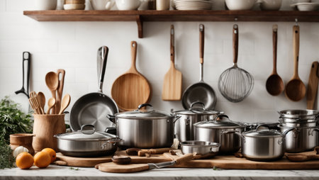 kitchen with lots of kitchen utensilsの素材