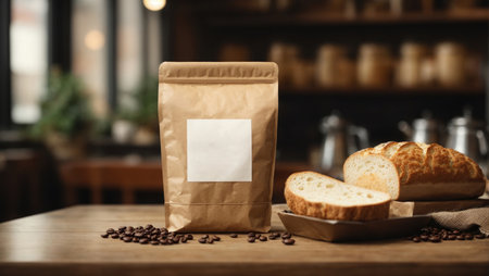 Coffee beans in paper bag and bread on tableの素材