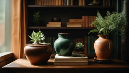 Ceramic vases with succulents and books on shelf at homeの素材