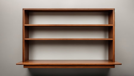 Wooden bookshelves on gray wall background, 3d renderの素材