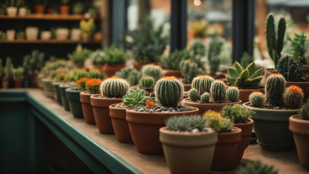 Cactus in flowerpot on shelf at flower shopの素材